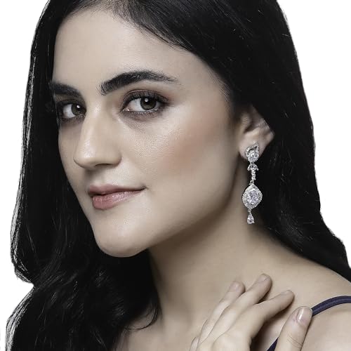Rhodium-Plated American Diamond Teardrop Drop Earrings